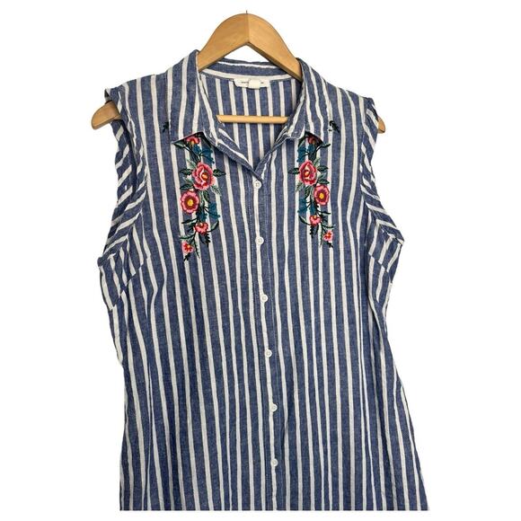 Beach Lunch Lounge Dress Womens L Linen Striped Shirt Embroidered Floral Blue - Picture 8 of 12